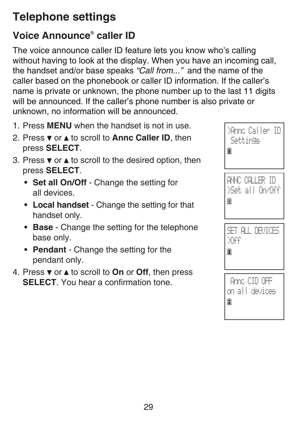 Voice announce￼ caller id, Voice announce caller id, Telephone settings | VTech SN6187 Manual User Manual | Page 35 / 127