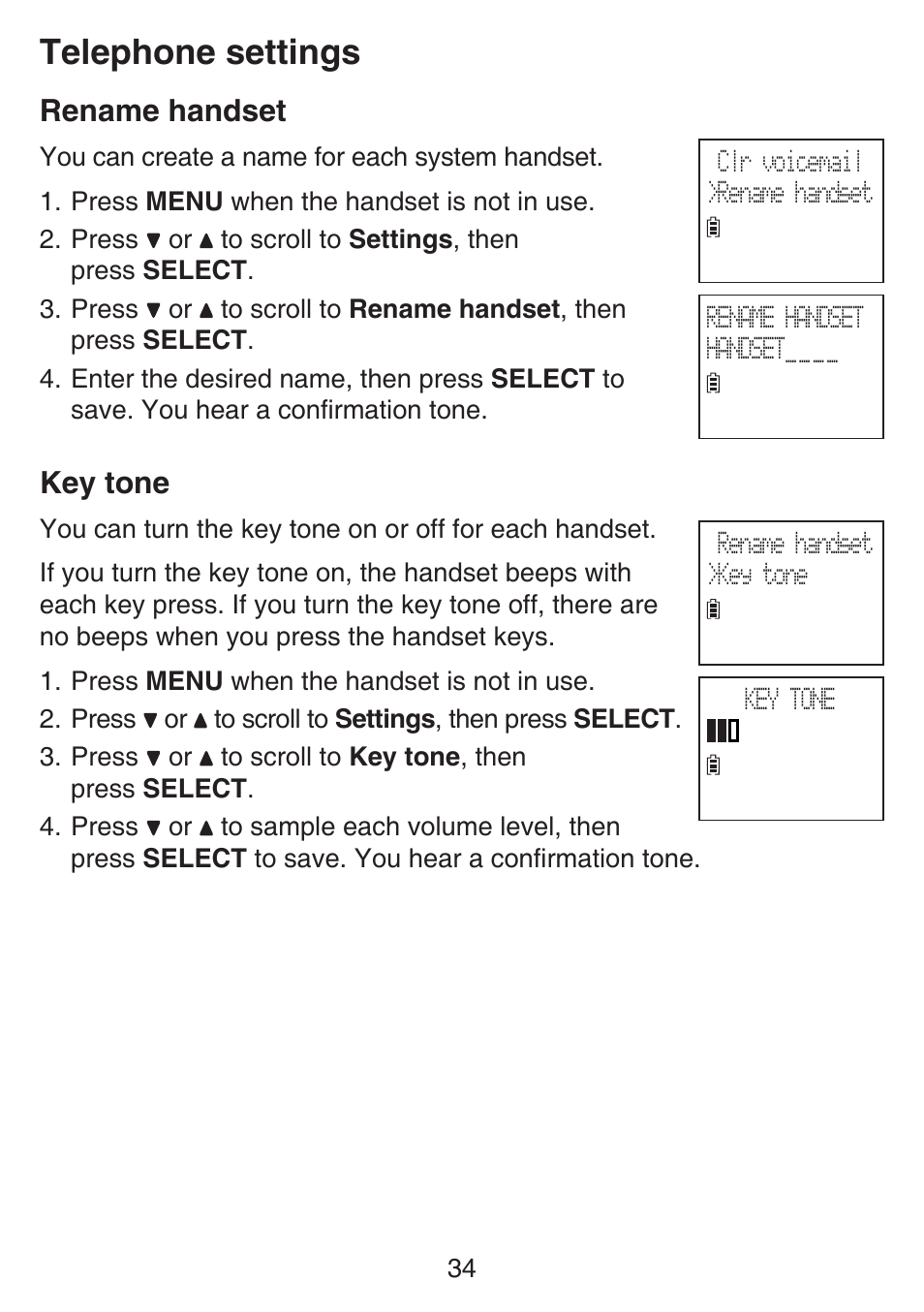 Rename handset, Key tone, Rename handset key tone | Telephone settings | VTech SN6187 Manual User Manual | Page 40 / 127