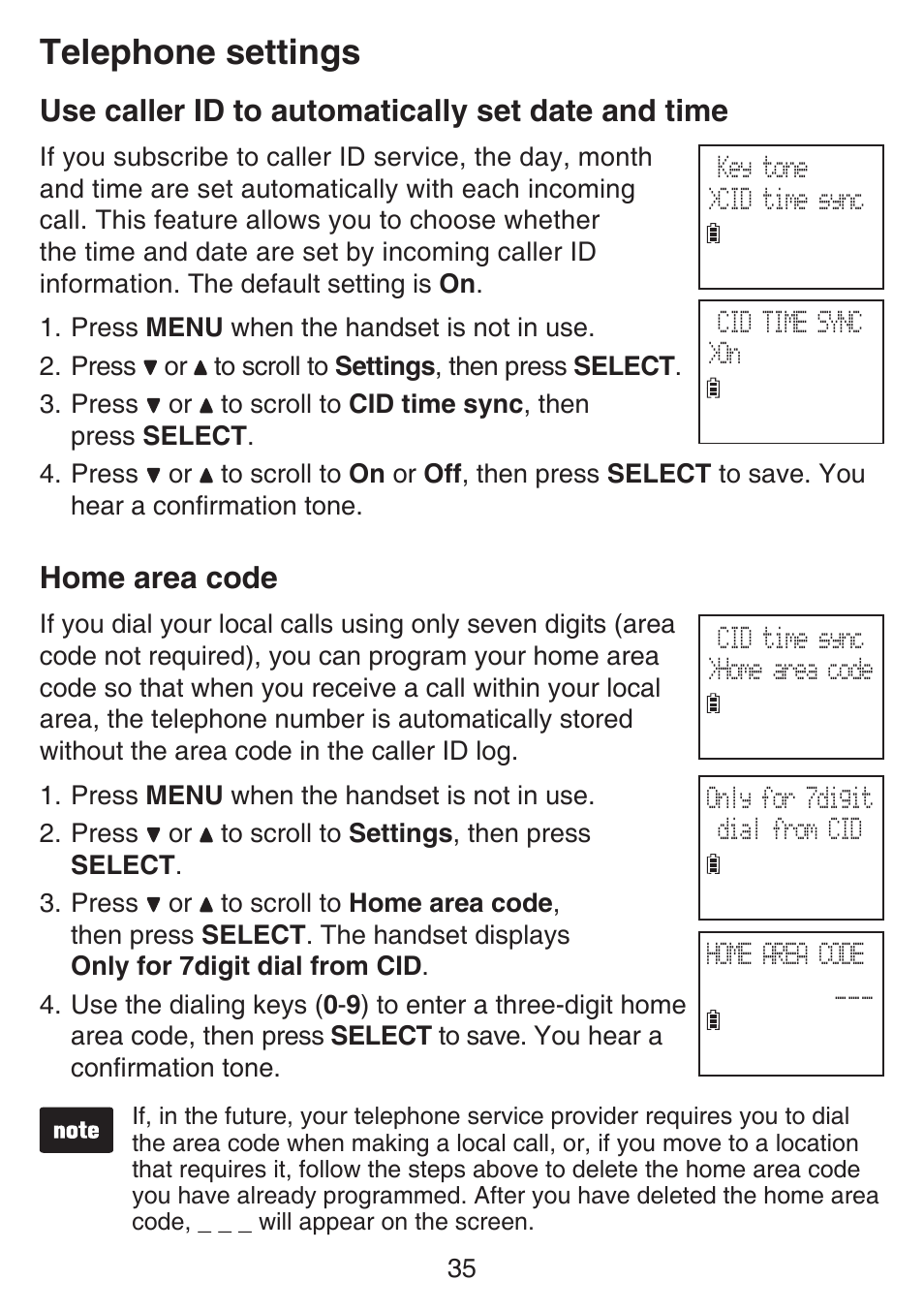 Use caller id to automatically set date and time, Home area code, Use caller id to automatically | Set date and time, Telephone settings | VTech SN6187 Manual User Manual | Page 41 / 127