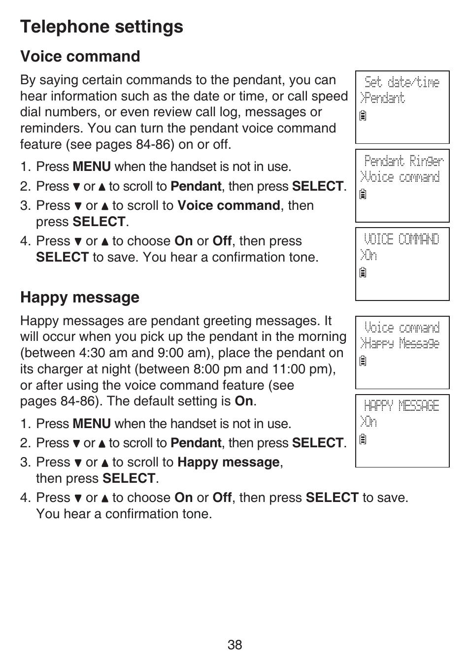 Voice command, Happy message, Voice command happy message | Telephone settings | VTech SN6187 Manual User Manual | Page 44 / 127