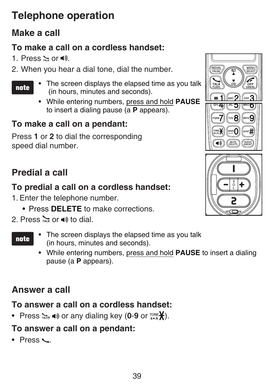 Making and answering a call, Last number redial, Ringer volume control | Handset volume control, Telephone operation, Make a call, Predial a call, Make a call predial a call, Answer a call | VTech SN6187 Manual User Manual | Page 45 / 127