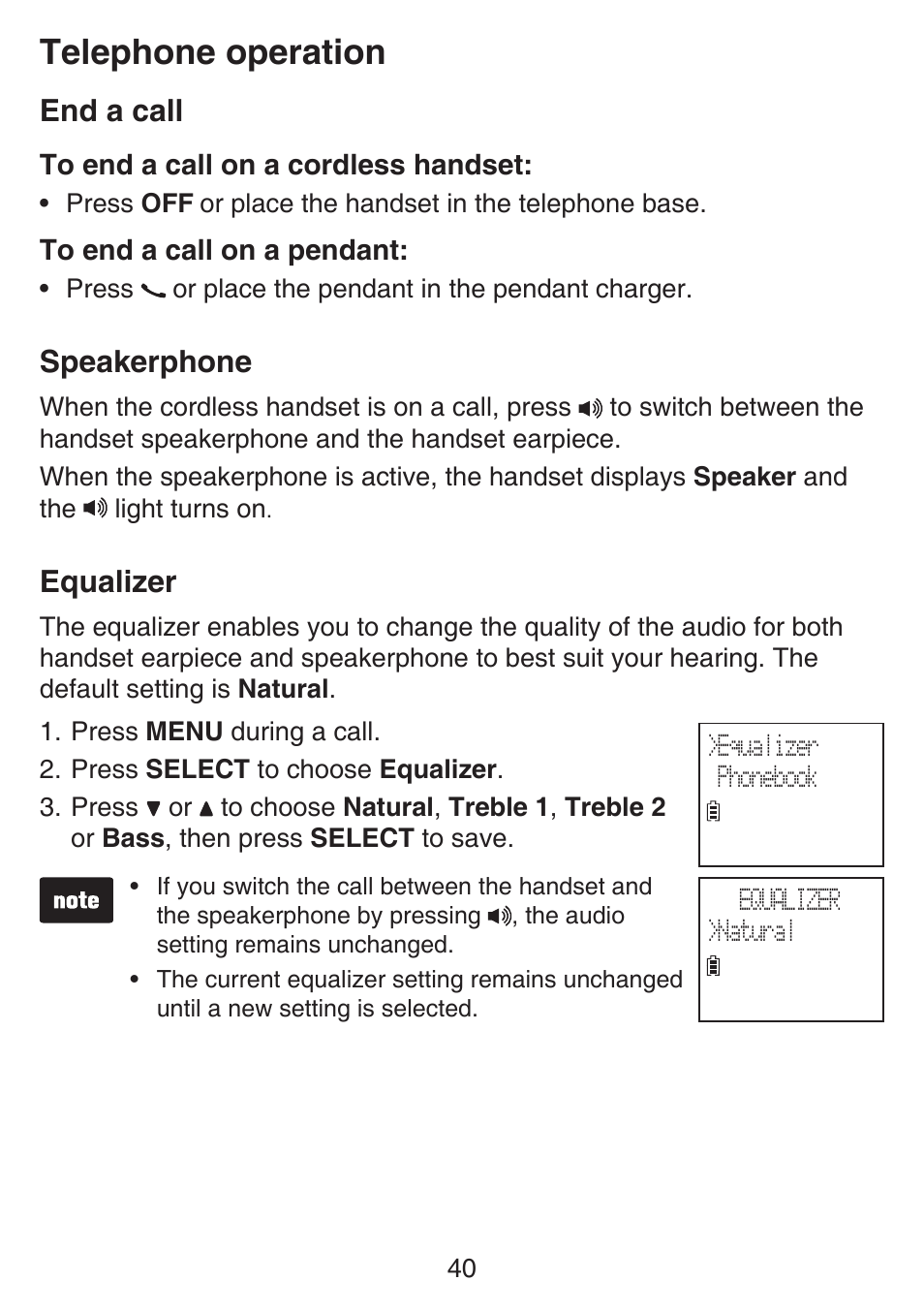 End a call, Speakerphone, Equalizer | End a call speakerphone equalizer, Telephone operation | VTech SN6187 Manual User Manual | Page 46 / 127