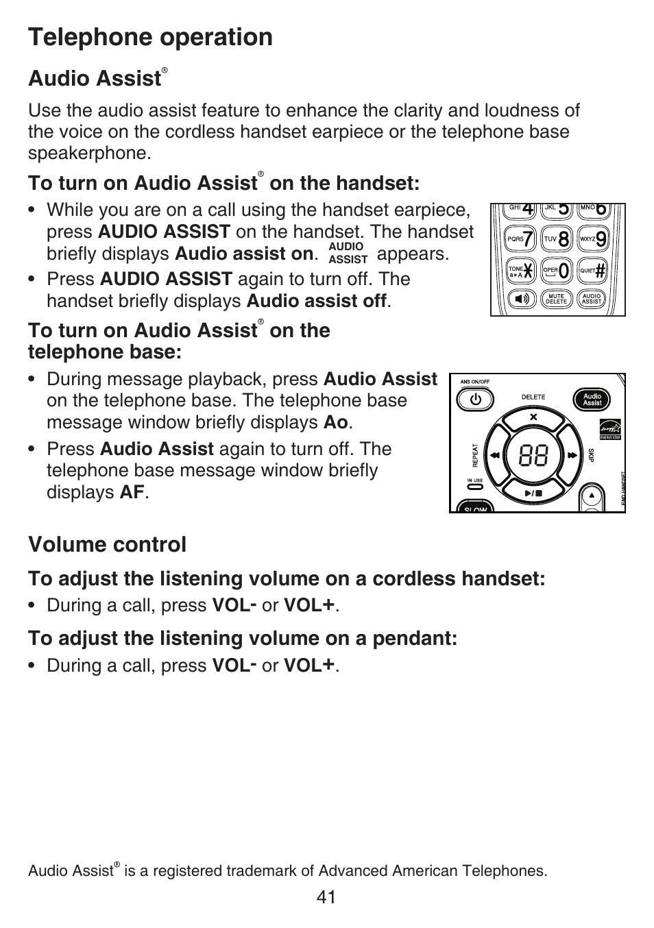 Flash, Mute, Temporary tone dialing | Audio assist, Volume control, Audio assist volume control, Telephone operation | VTech SN6187 Manual User Manual | Page 47 / 127