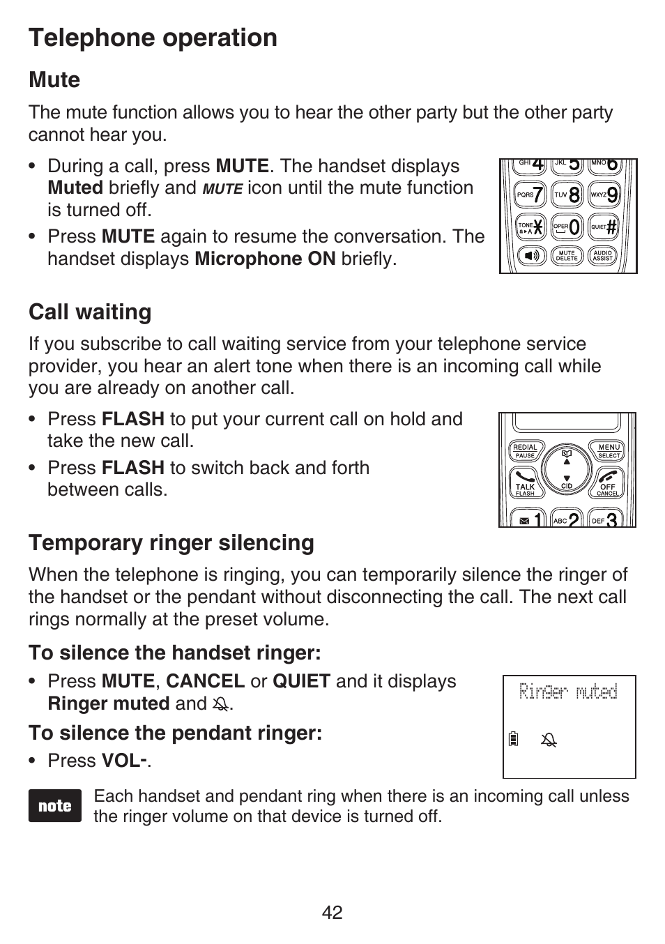 Memory overview, Storing a number in a one-touch location, Mute | Call waiting, Temporary ringer silencing, Mute call waiting temporary ringer silencing, Telephone operation | VTech SN6187 Manual User Manual | Page 48 / 127