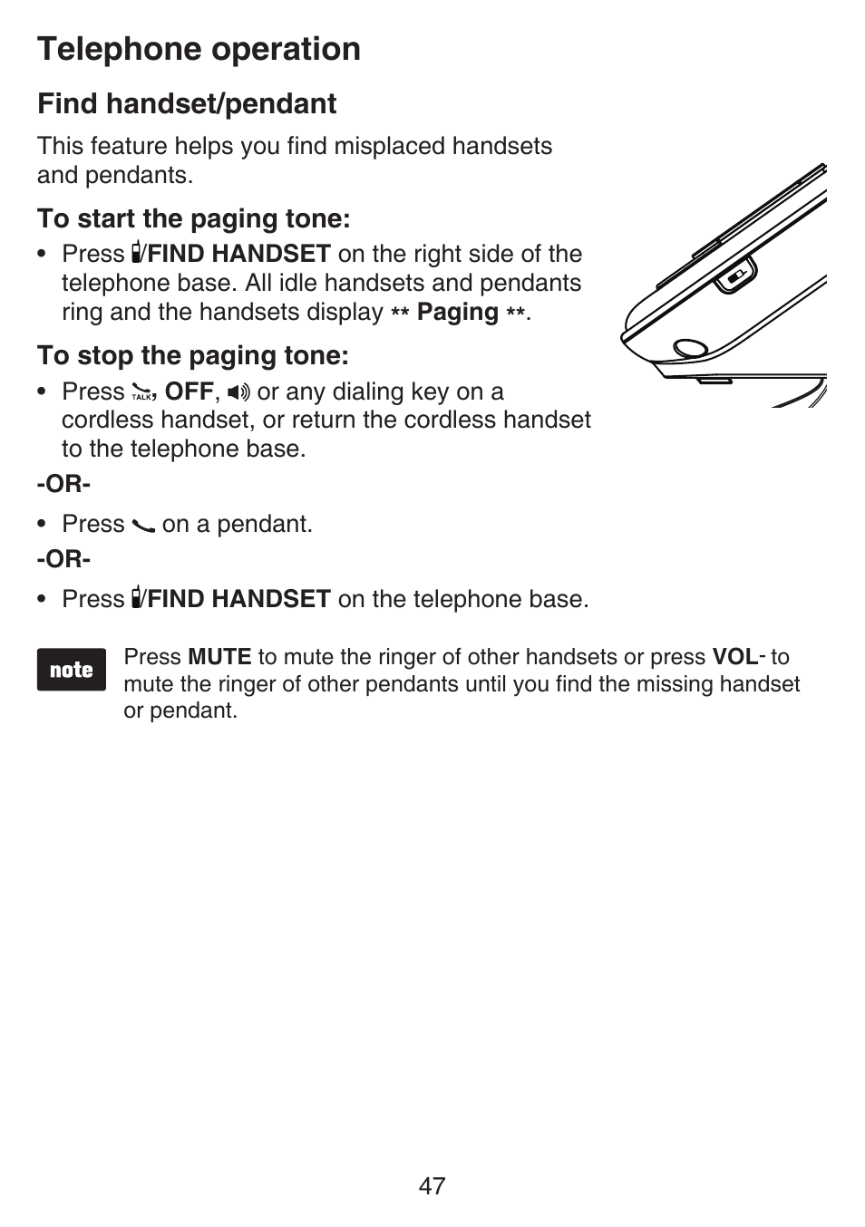 Find handset/pendant, Telephone operation | VTech SN6187 Manual User Manual | Page 53 / 127