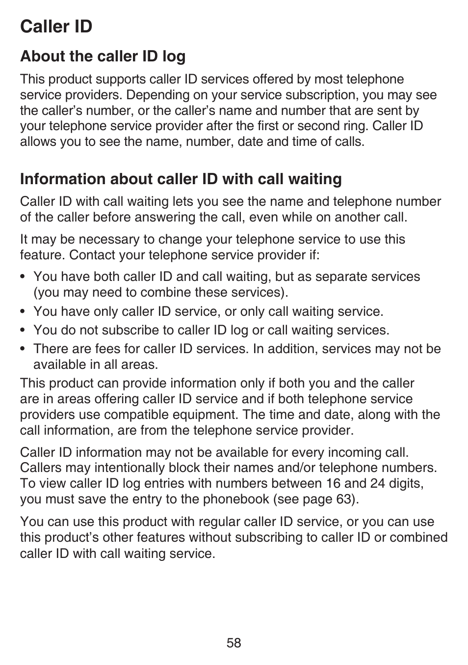 Storing a call history record into directory, Caller id, About the caller id log | Information about caller id with call waiting, Call waiting | VTech SN6187 Manual User Manual | Page 64 / 127