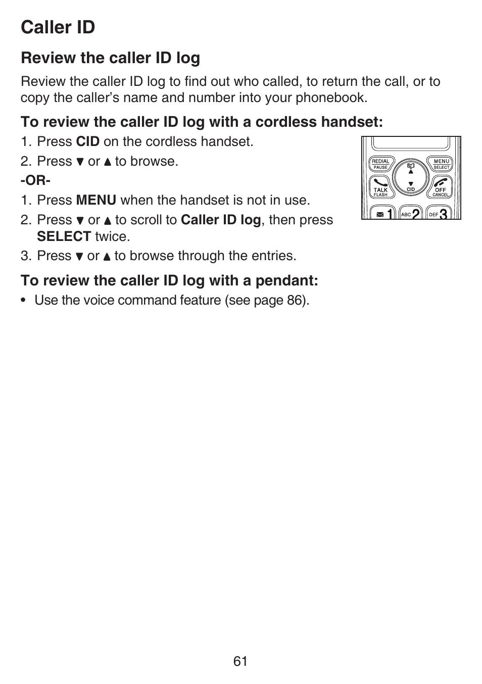 Review the caller id log, Caller id | VTech SN6187 Manual User Manual | Page 67 / 127