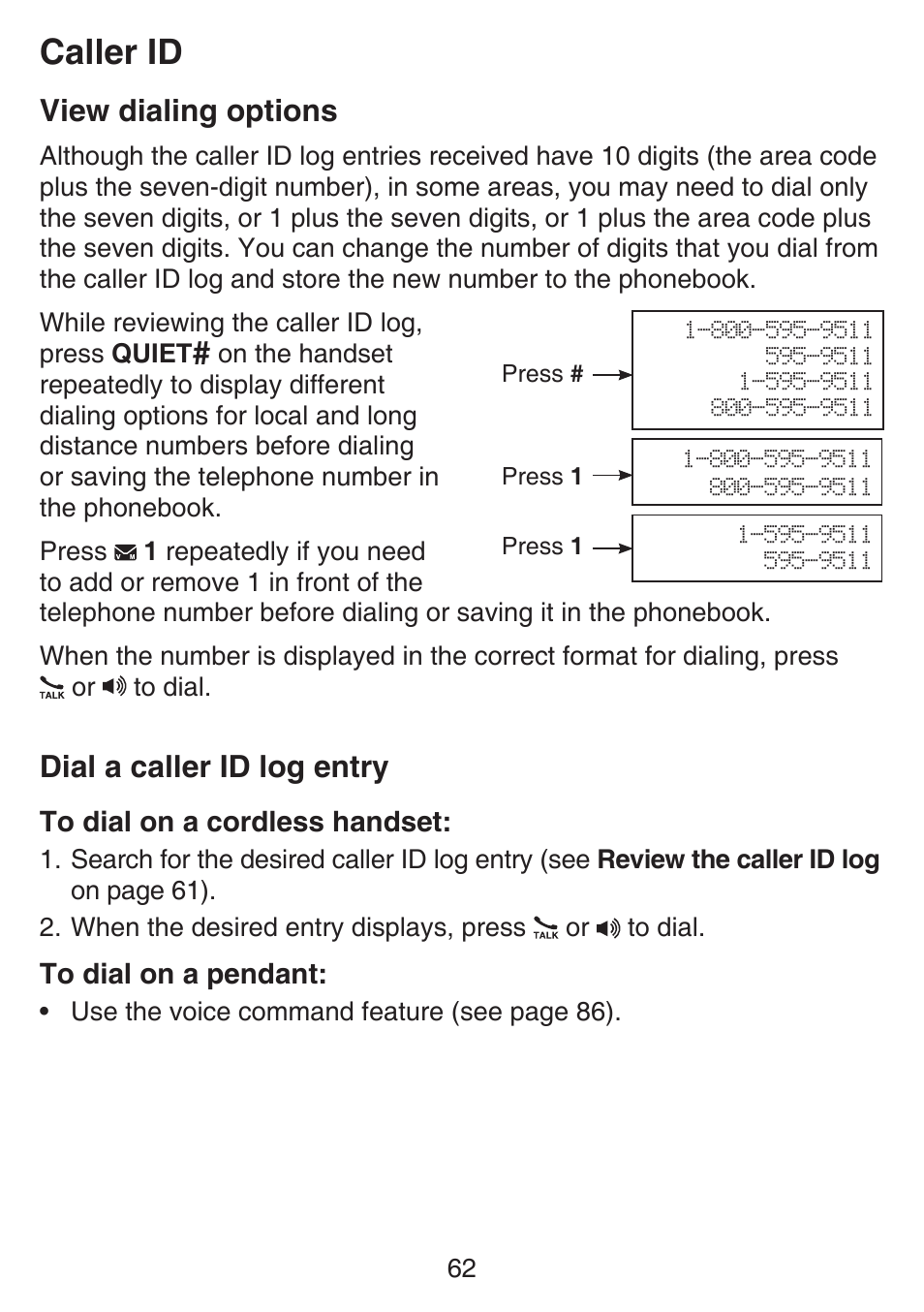 View dialing options, Dial a caller id log entry, View dialing options dial a caller id log entry | Caller id | VTech SN6187 Manual User Manual | Page 68 / 127