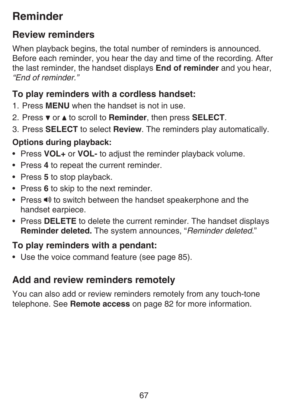 Review reminders, Add and review reminders remotely, Review reminders add and review reminders | Remotely, Reminder | VTech SN6187 Manual User Manual | Page 73 / 127