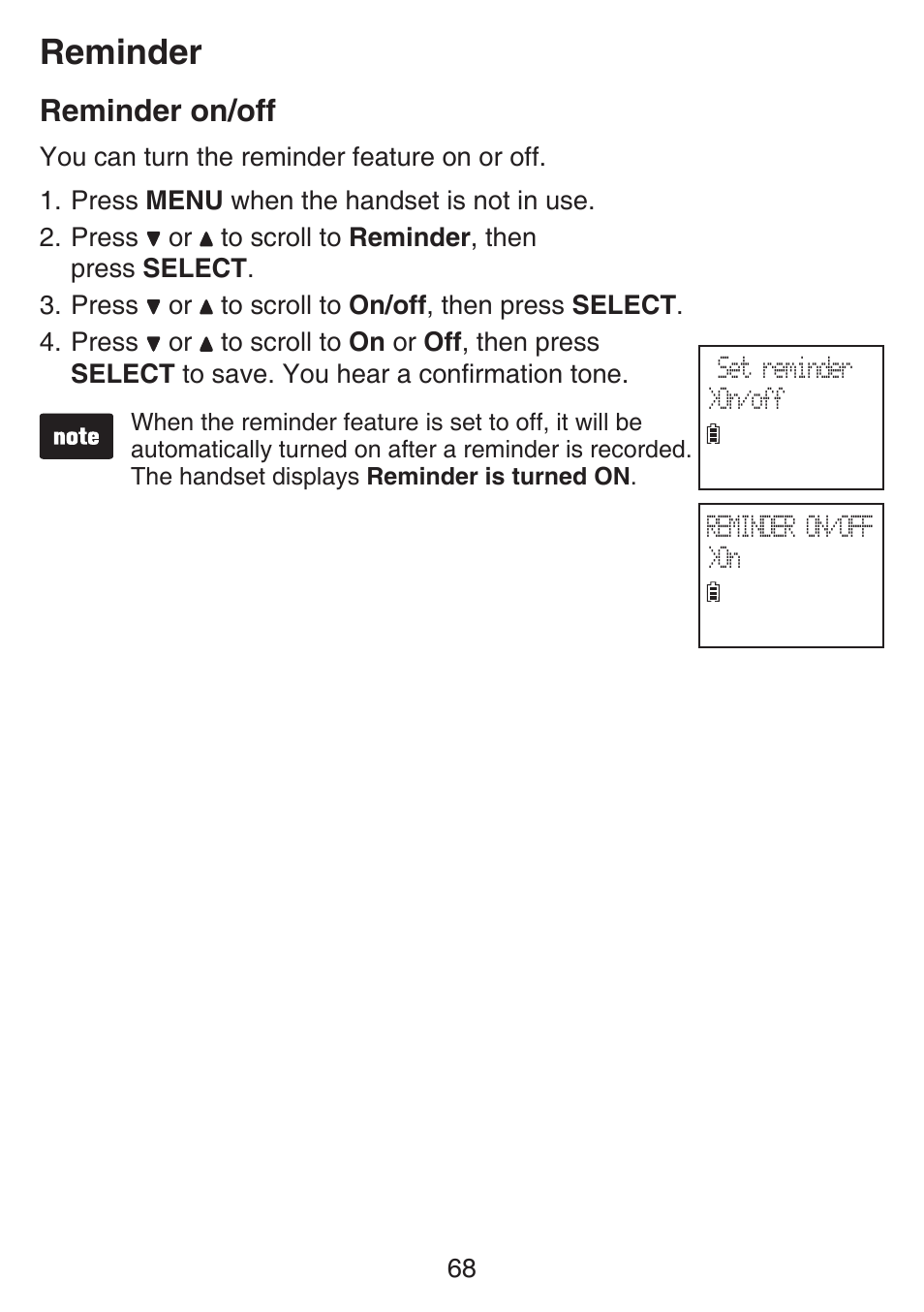 Reminder on/off, Reminder | VTech SN6187 Manual User Manual | Page 74 / 127