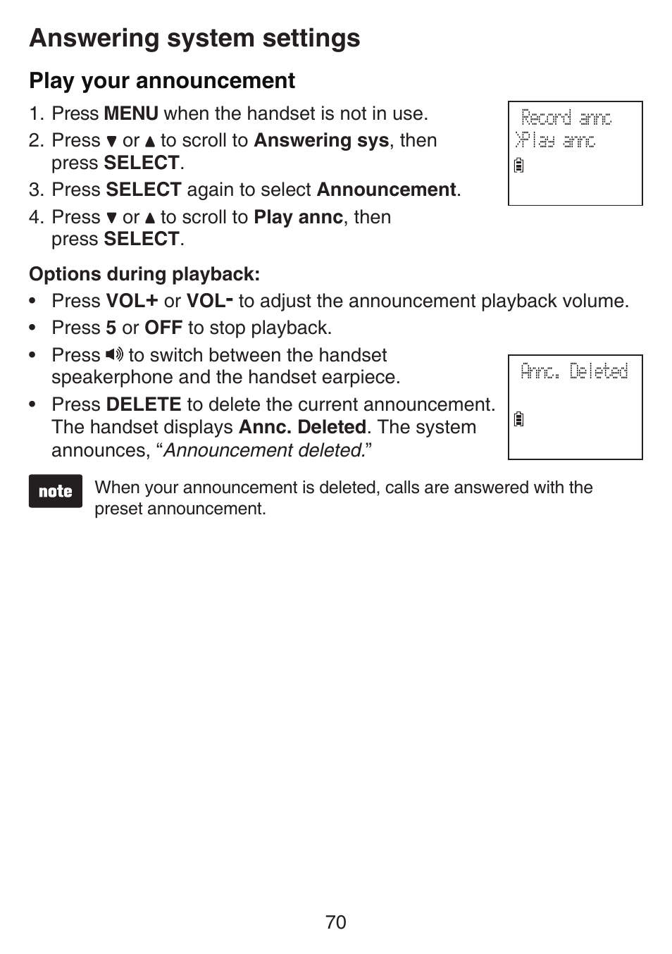 Play your announcement, Answering system settings | VTech SN6187 Manual User Manual | Page 76 / 127