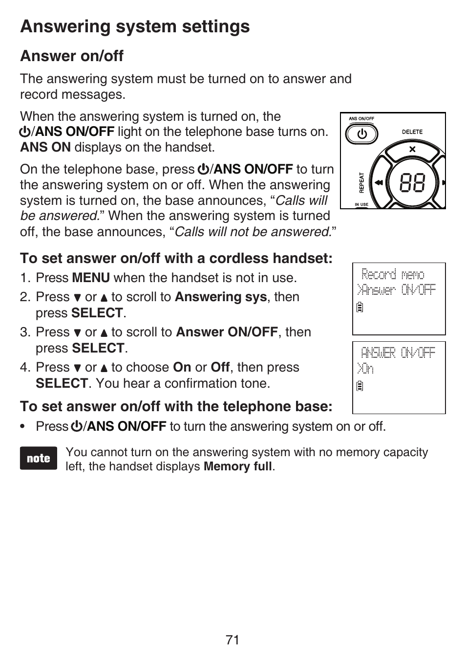 Answer on/off, Answering system settings | VTech SN6187 Manual User Manual | Page 77 / 127