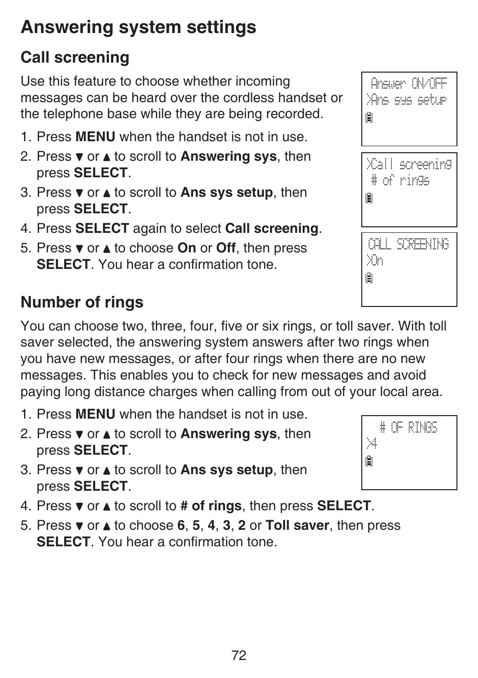 Call screening, Number of rings, Call screening number of rings | Answering system settings | VTech SN6187 Manual User Manual | Page 78 / 127