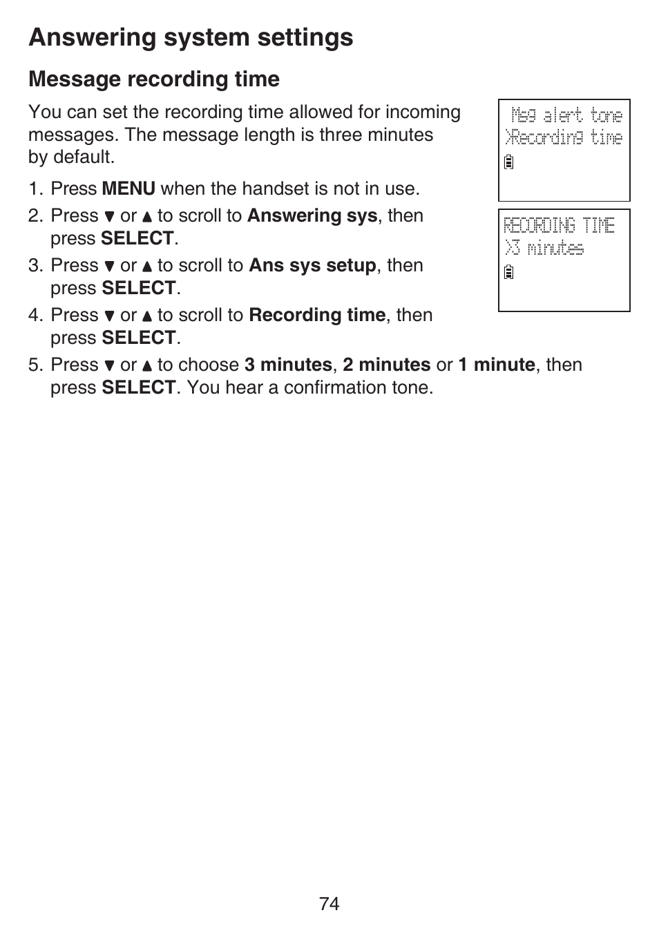 Message recording time, Answering system settings | VTech SN6187 Manual User Manual | Page 80 / 127