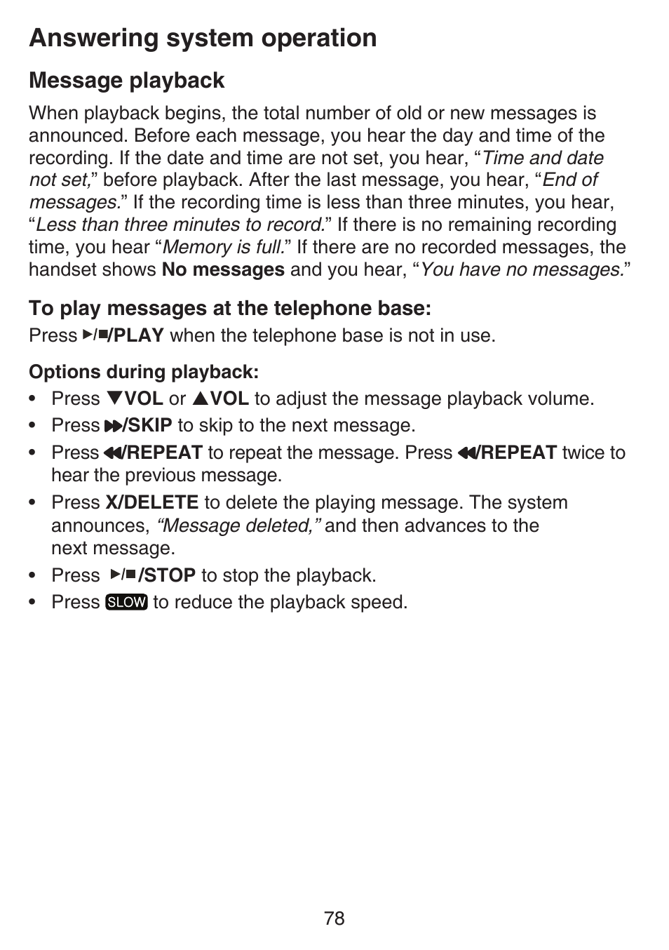 Message playback, Answering system operation | VTech SN6187 Manual User Manual | Page 84 / 127