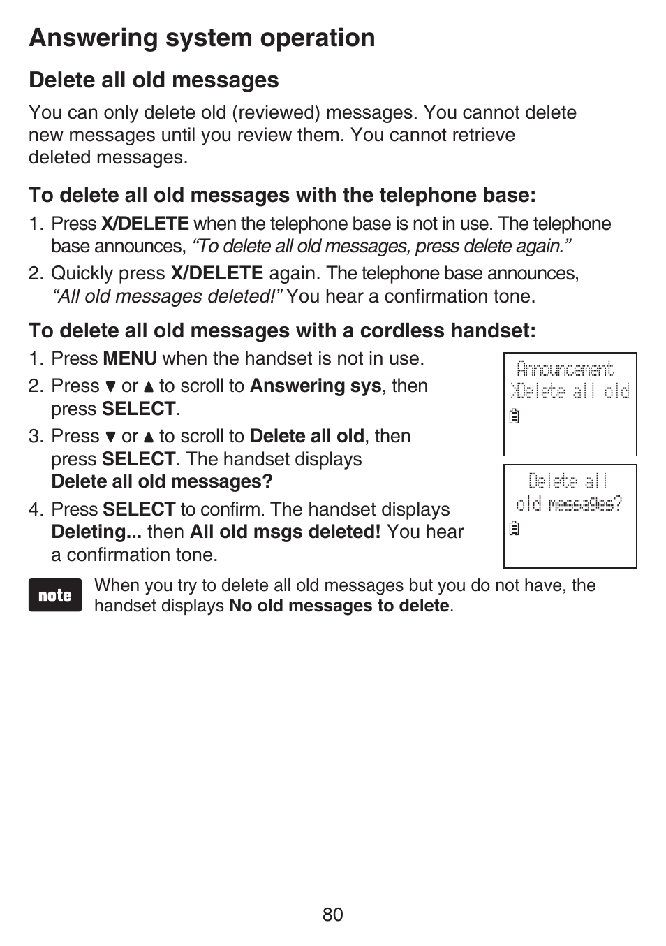 Delete all old messages, Answering system operation | VTech SN6187 Manual User Manual | Page 86 / 127