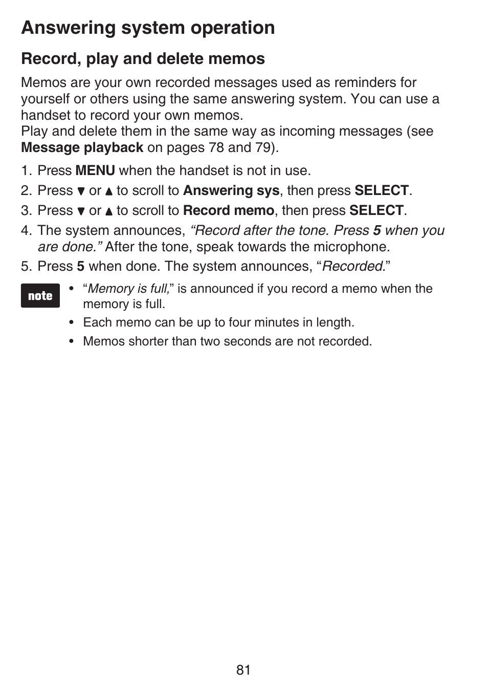 Record, play and delete memos, Record, play and delete, Memos | Answering system operation | VTech SN6187 Manual User Manual | Page 87 / 127