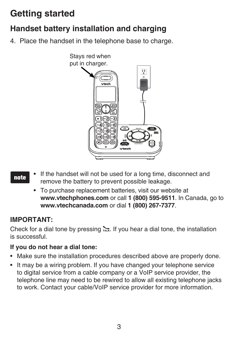 Getting started, Handset battery installation and charging | VTech SN6187 Manual User Manual | Page 9 / 127