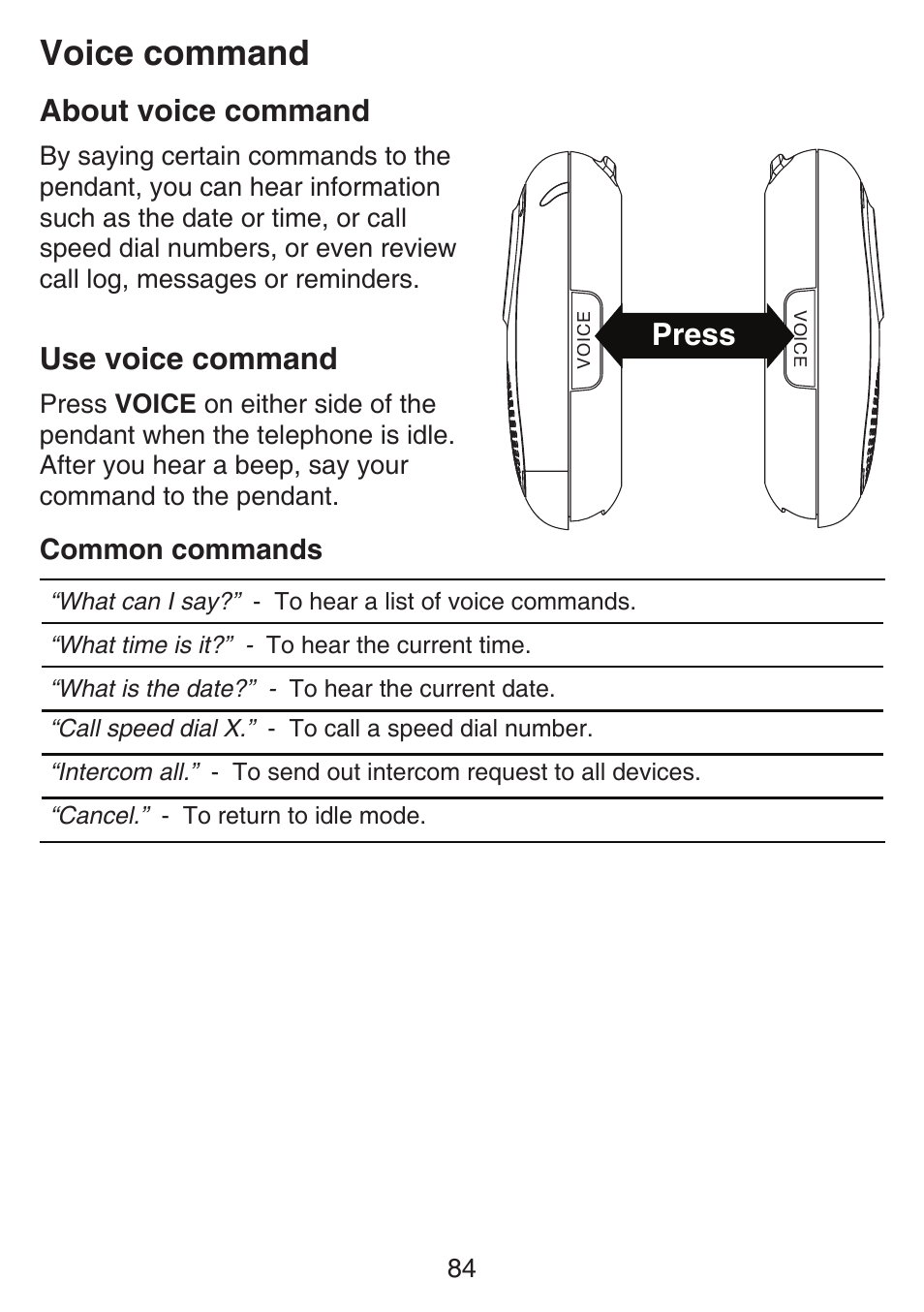 Voice command, About voice command, Use voice command | About voice command use voice command, Press, Common commands | VTech SN6187 Manual User Manual | Page 90 / 127