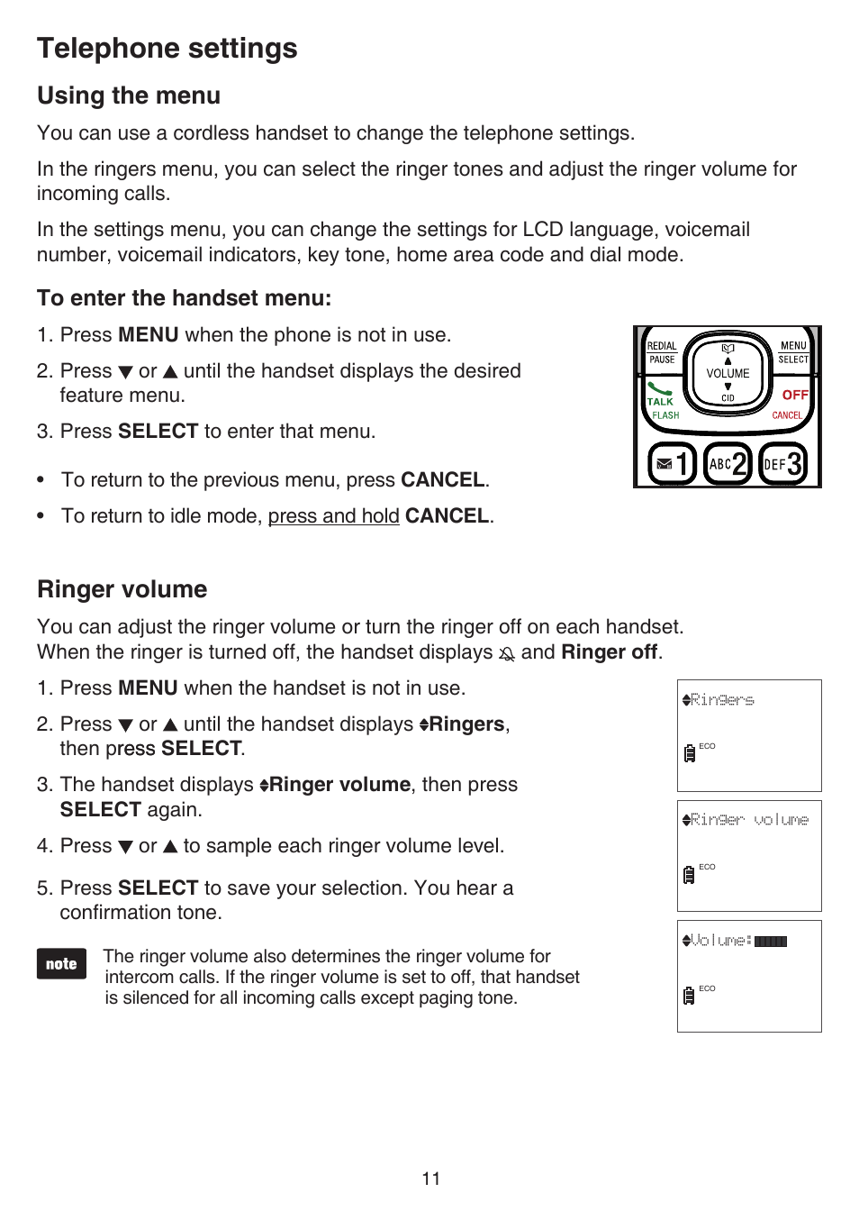 Telephone settings, Using the menu, Handset ringer volume | Inger volume, Ringer volume | VTech CS6519-2 Manual User Manual | Page 15 / 68