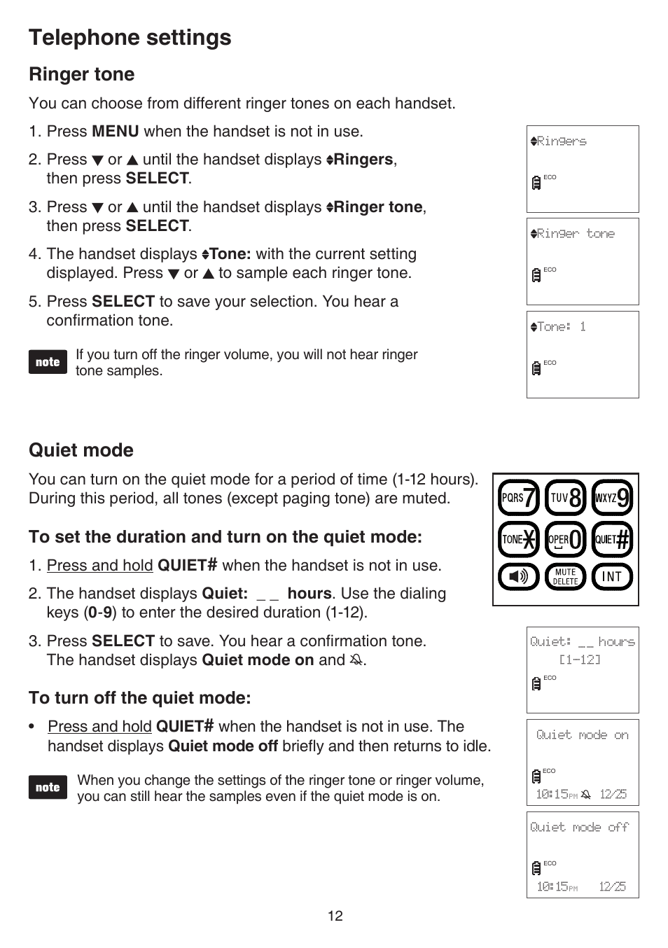 Ringer tone, Quiet mode, Ringer tone quiet mode | Telephone settings, Press and hold quiet | VTech CS6519-2 Manual User Manual | Page 16 / 68