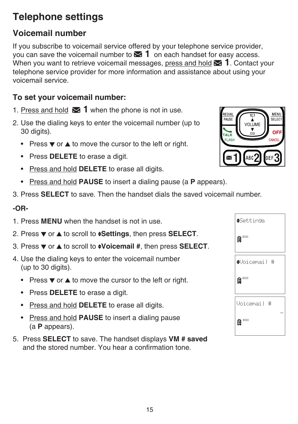 Voicemail number, Telephone settings | VTech CS6519-2 Manual User Manual | Page 19 / 68