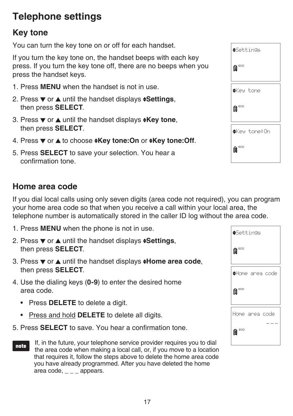 Key tone, Home area code, Key tone home area code | Telephone settings | VTech CS6519-2 Manual User Manual | Page 21 / 68