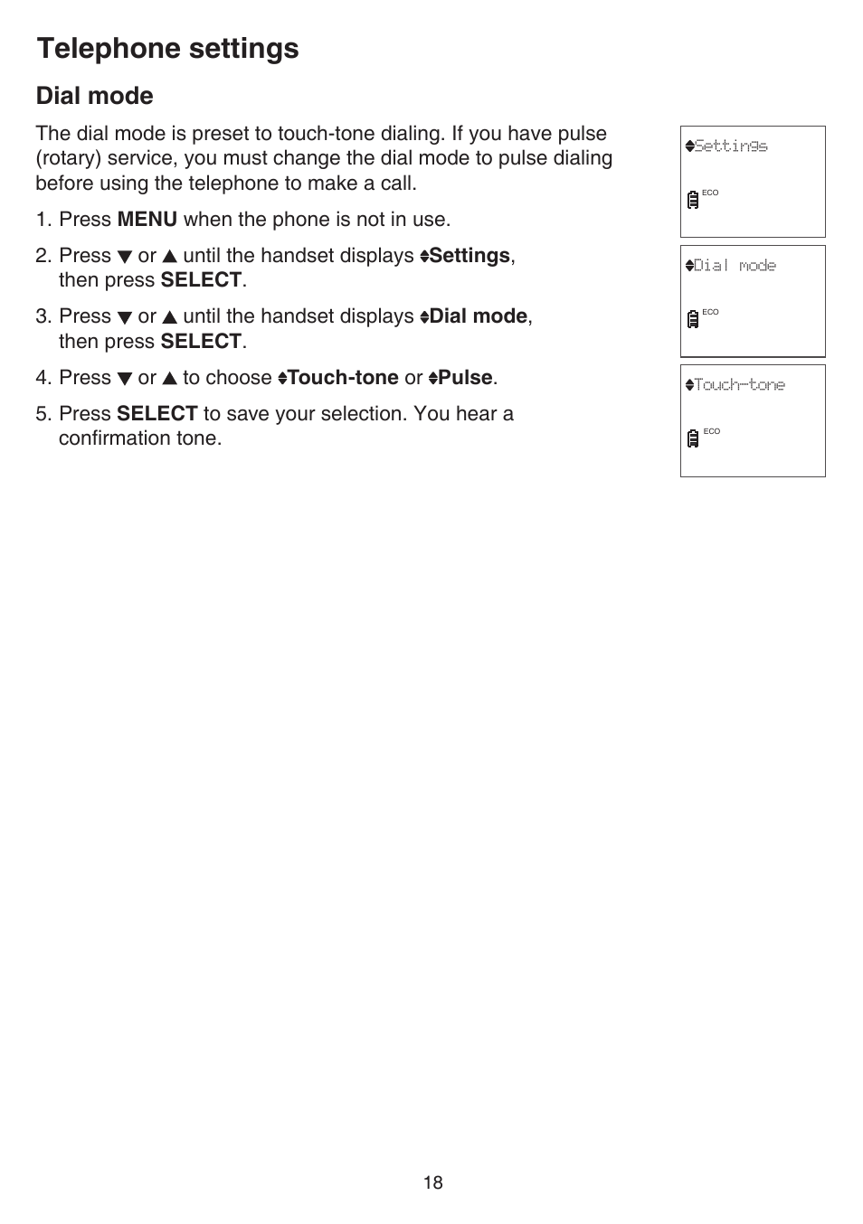 Dial mode, Telephone settings | VTech CS6519-2 Manual User Manual | Page 22 / 68