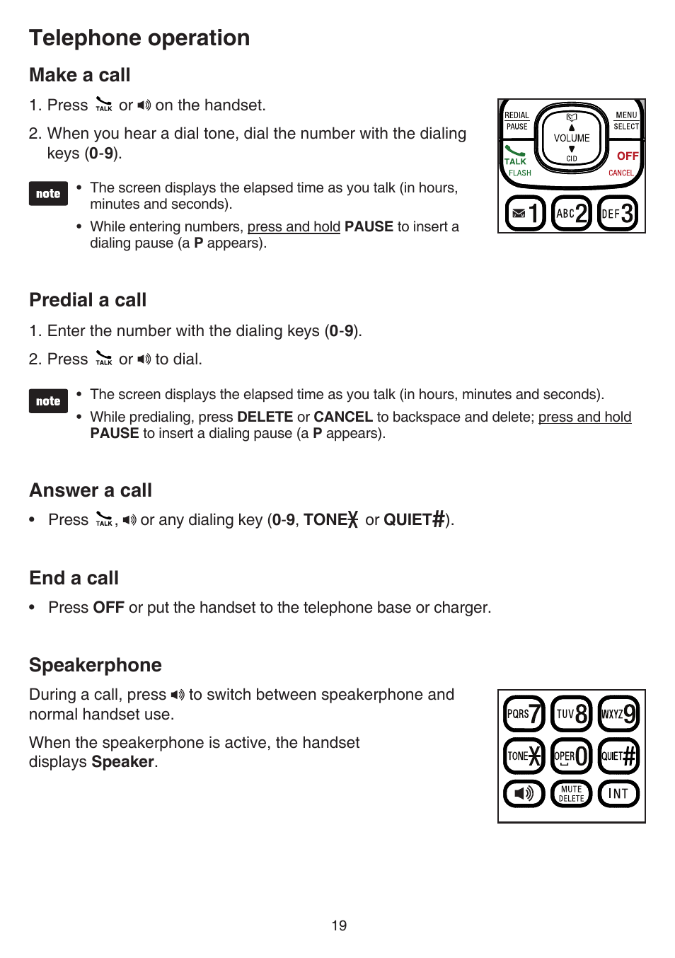 Telephone operation, Make a call, Predial a call | Answer a call, End a call, Speakerphone | VTech CS6519-2 Manual User Manual | Page 23 / 68