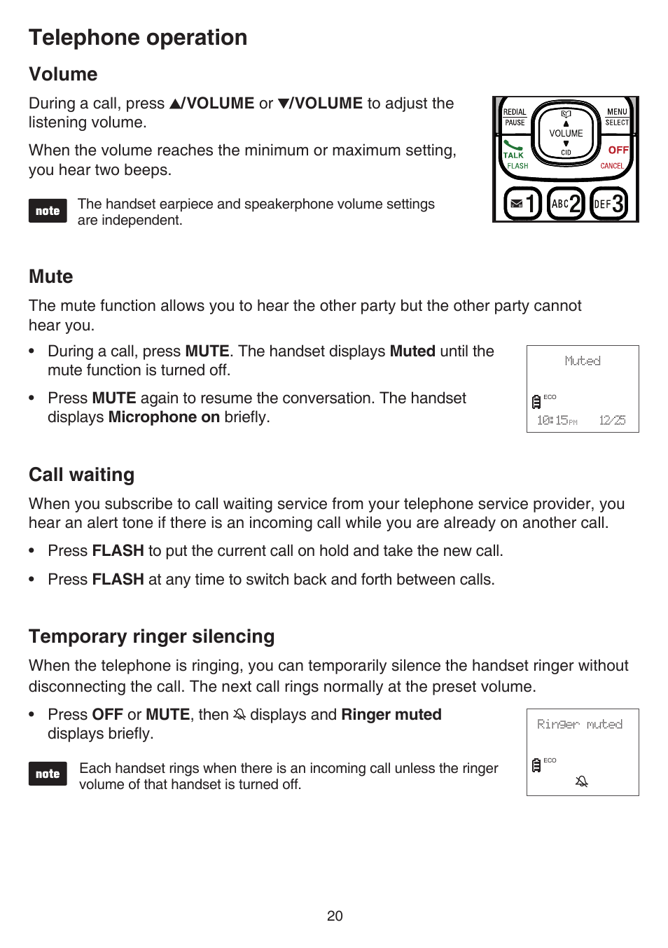 Volume, Mute, Call waiting | Temporary ringer silencing, Telephone operation | VTech CS6519-2 Manual User Manual | Page 24 / 68