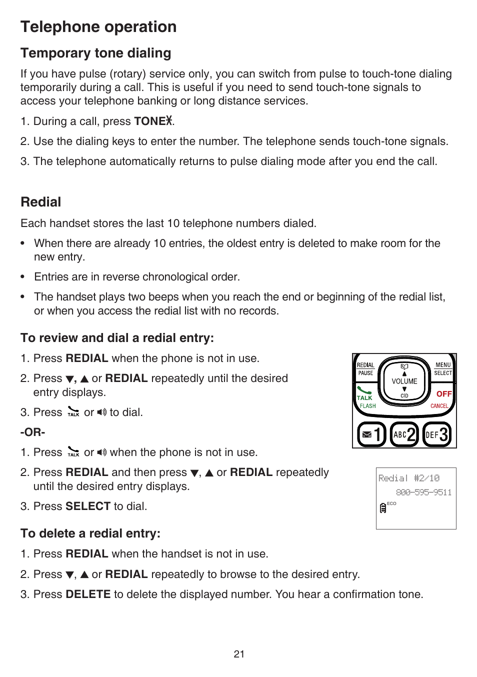 Temporary tone dialing, Redial, Temporary tone dialing redial | Telephone operation | VTech CS6519-2 Manual User Manual | Page 25 / 68