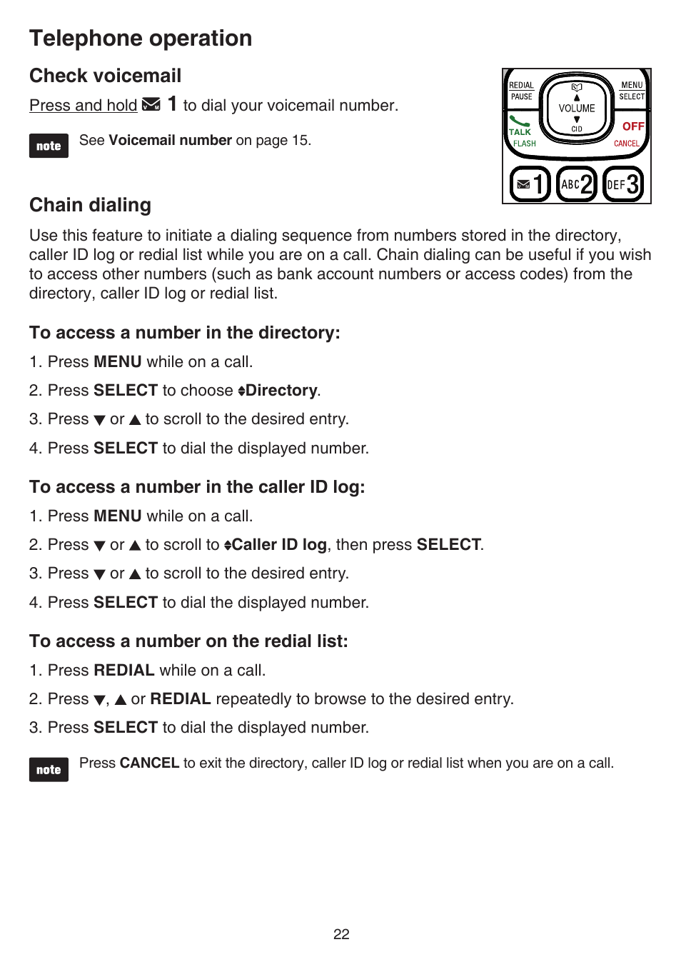 Check voicemail, Chain dialing, Check voicemail chain dialing | Telephone operation | VTech CS6519-2 Manual User Manual | Page 26 / 68