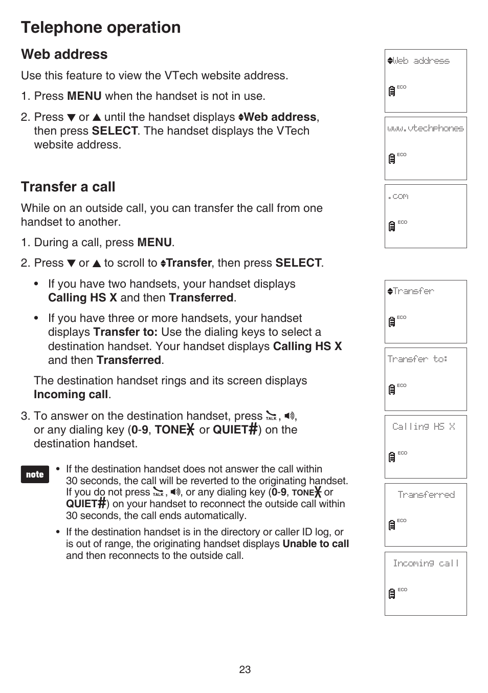 Web address, Transfer a call, Web address transfer a call | Telephone operation, On the destination handset | VTech CS6519-2 Manual User Manual | Page 27 / 68