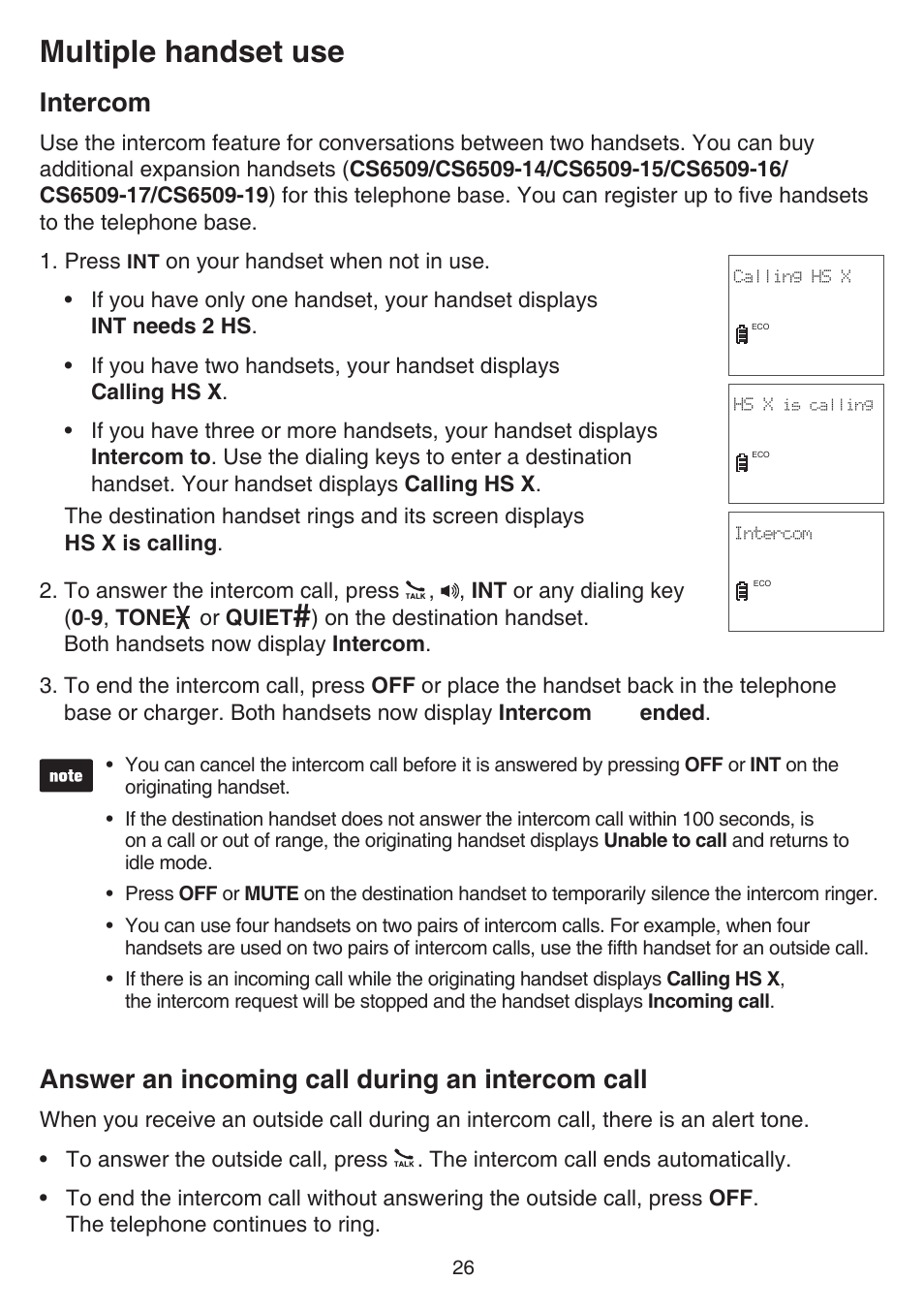 Intercom, Answer an incoming call during an intercom call, Intercom answer an incoming call during an | Intercom call, Multiple handset use | VTech CS6519-2 Manual User Manual | Page 30 / 68