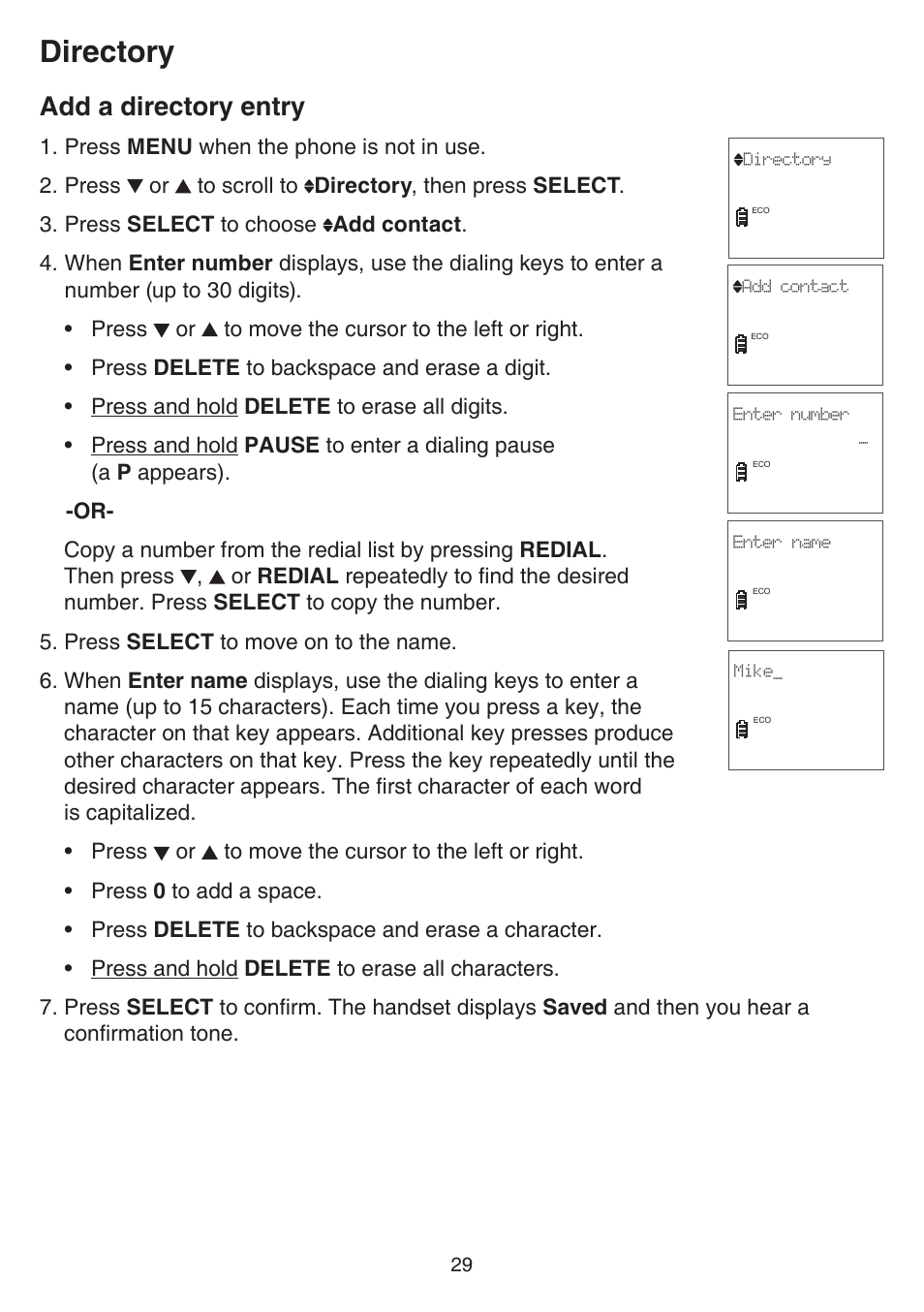 Add a directory entry, Directory | VTech CS6519-2 Manual User Manual | Page 33 / 68