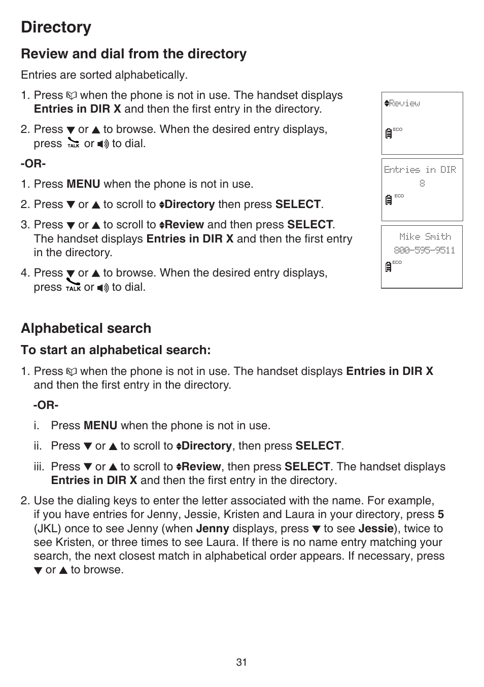 Review and dial from the directory, Alphabetical search, Review and dial from the | Directory alphabetical search, Directory | VTech CS6519-2 Manual User Manual | Page 35 / 68