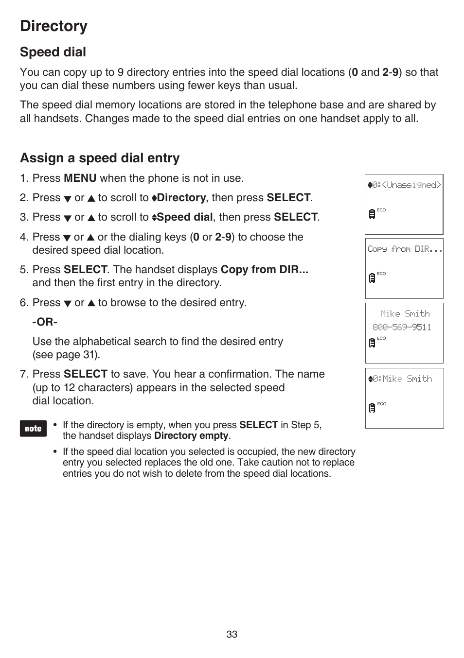 Speed dial, Assign a speed dial entry, Speed dial assign a speed dial entry | Directory | VTech CS6519-2 Manual User Manual | Page 37 / 68