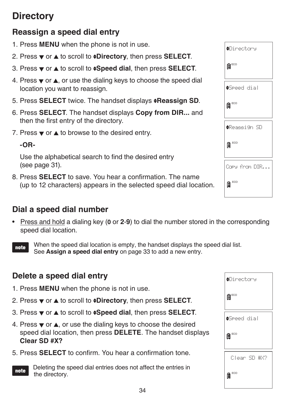 Reassign a speed dial entry, Dial a speed dial number, Delete a speed dial entry | Directory, Press and hold a dialing key | VTech CS6519-2 Manual User Manual | Page 38 / 68