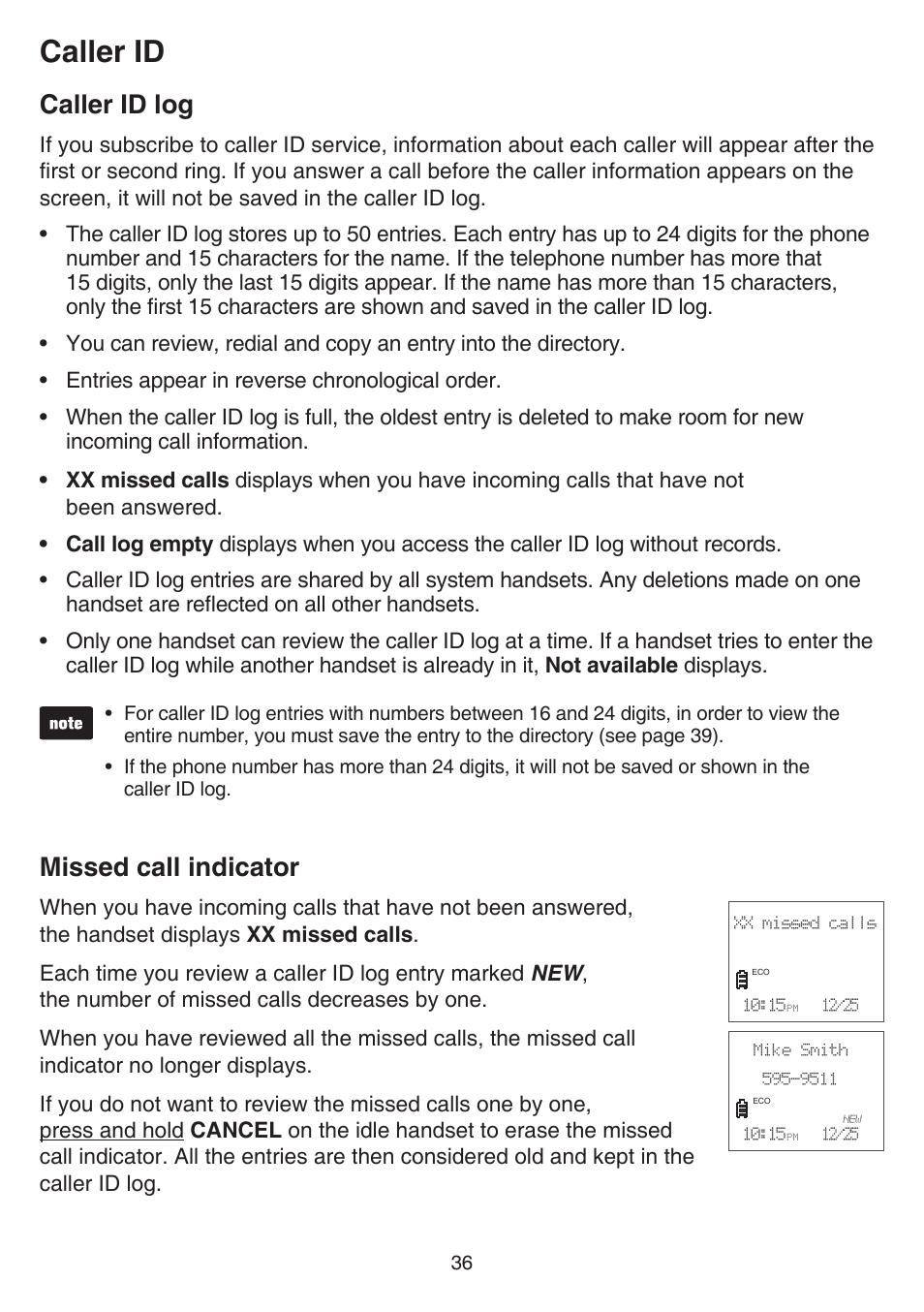 Caller id log, Missed call indicator, Caller id log missed call indicator | Caller id | VTech CS6519-2 Manual User Manual | Page 40 / 68