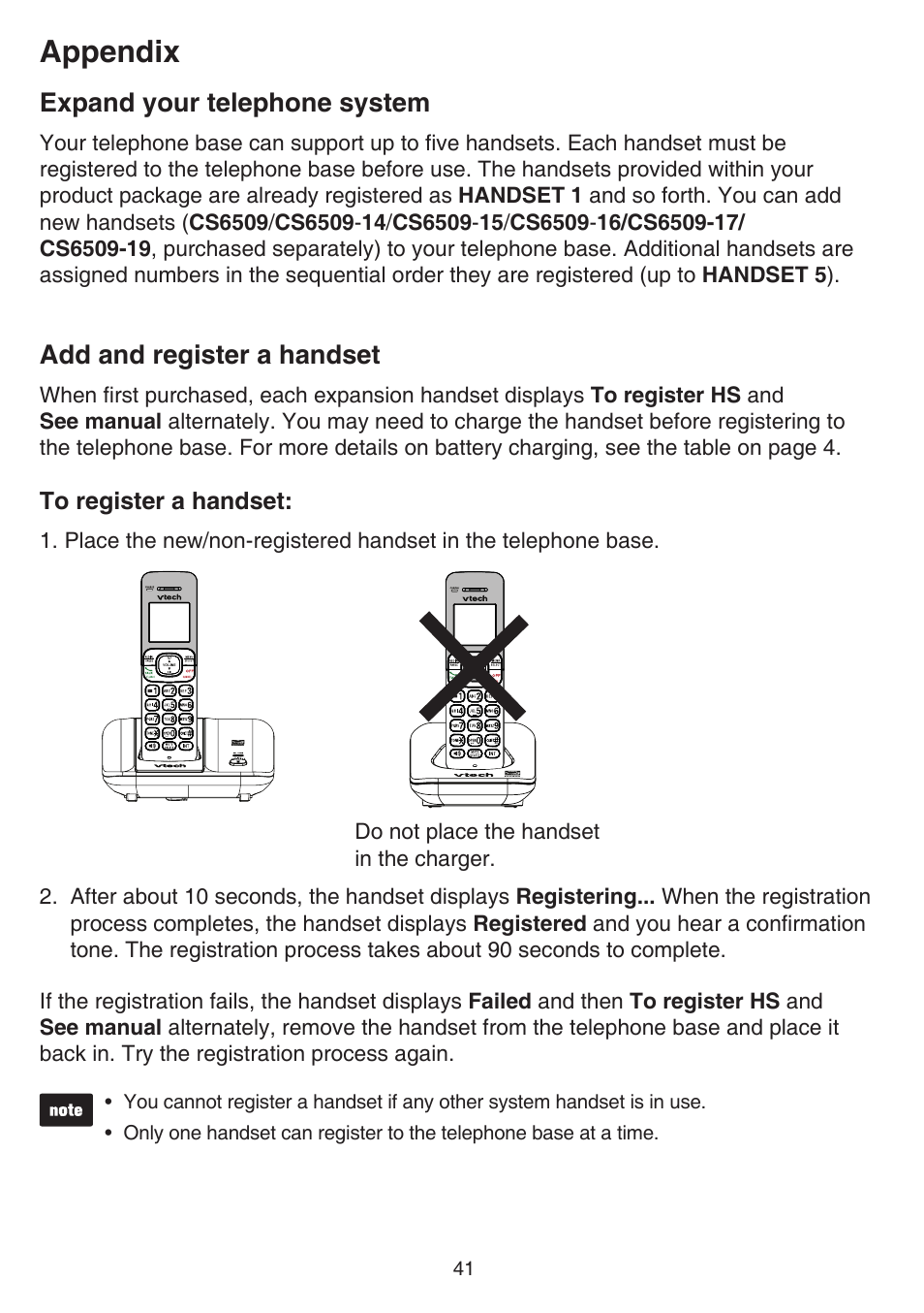 Appendix, Expand your telephone system, Add and register a handset | VTech CS6519-2 Manual User Manual | Page 45 / 68