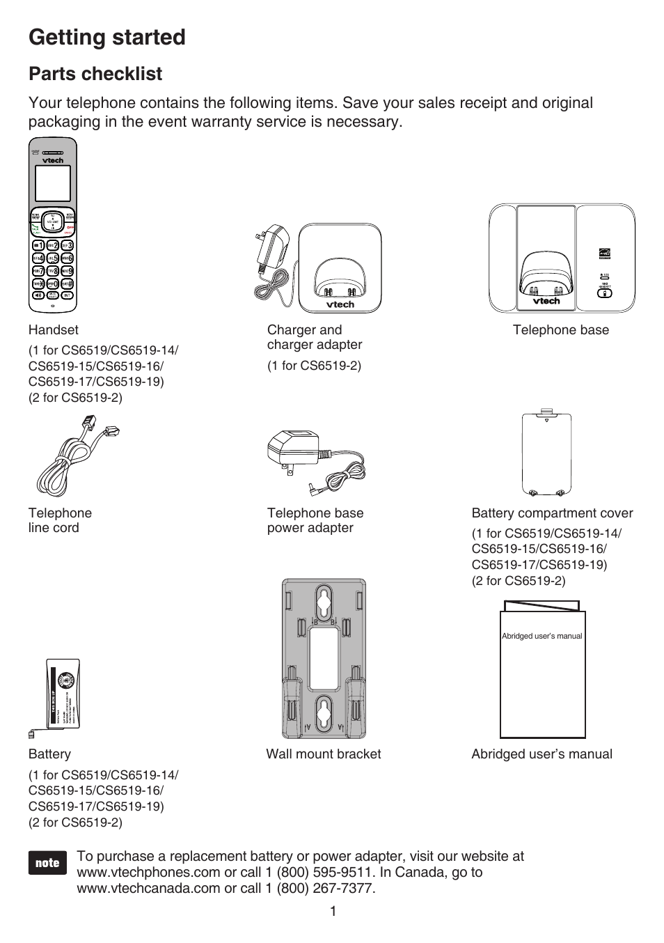 Getting started, Parts checklist | VTech CS6519-2 Manual User Manual | Page 5 / 68