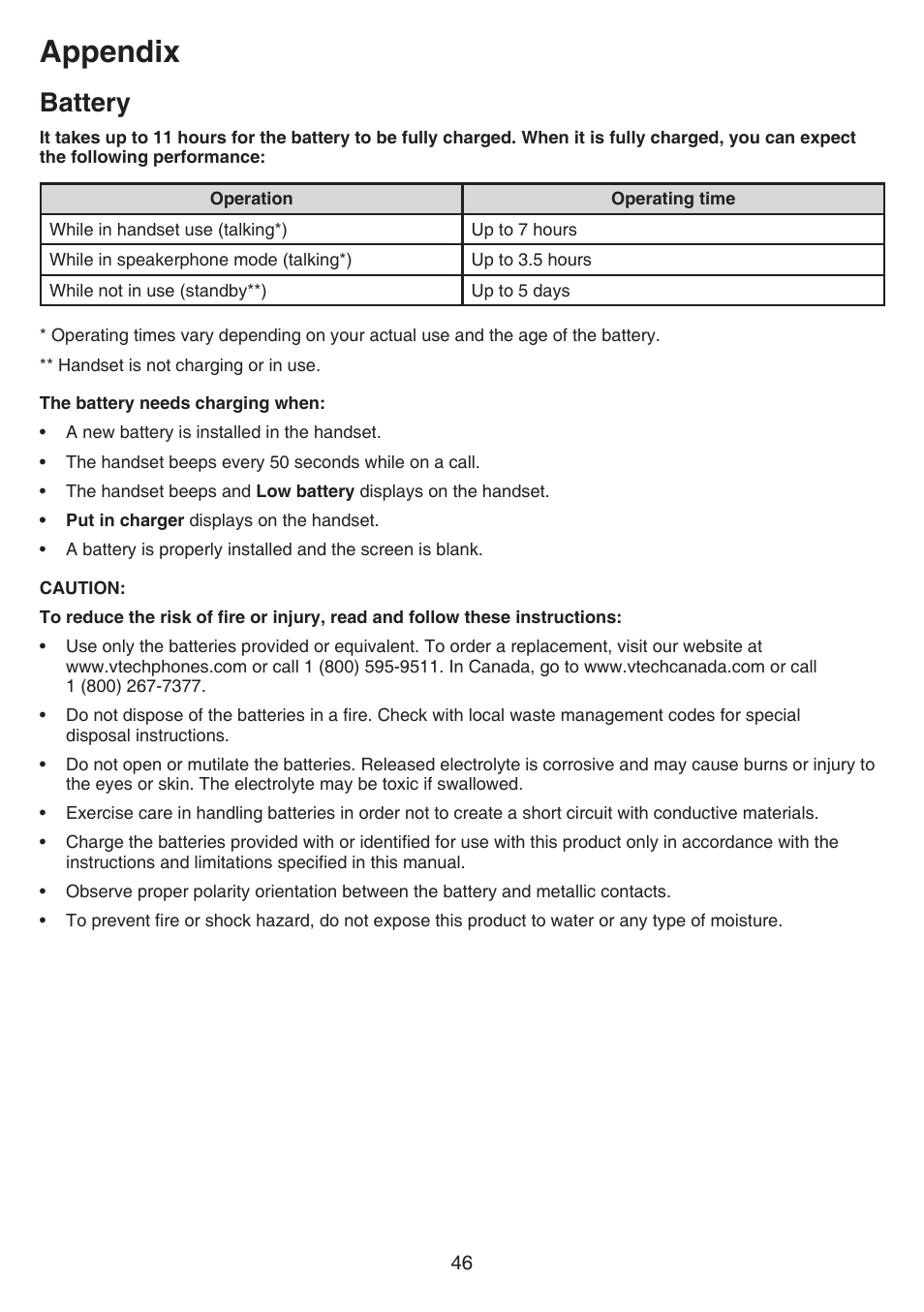 Battery, Appendix | VTech CS6519-2 Manual User Manual | Page 50 / 68