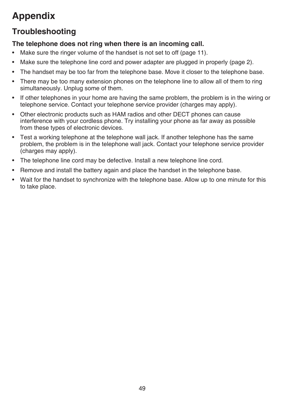 Appendix, Troubleshooting | VTech CS6519-2 Manual User Manual | Page 53 / 68