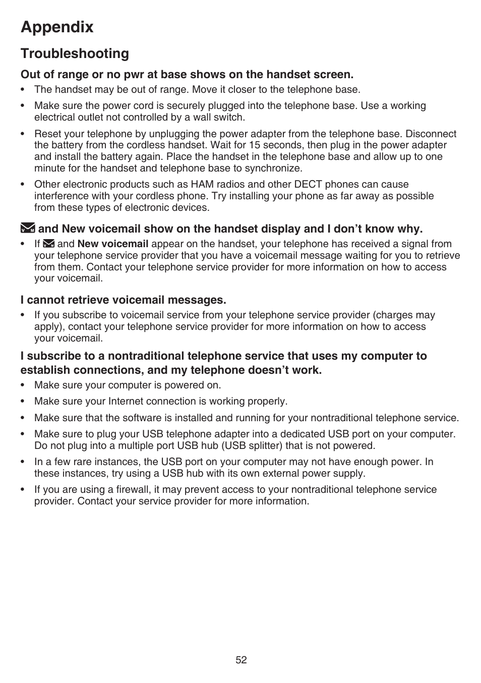 Appendix, Troubleshooting | VTech CS6519-2 Manual User Manual | Page 56 / 68