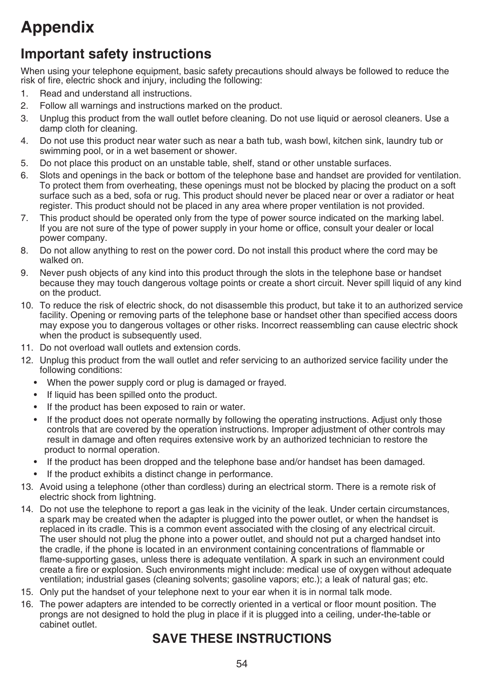 Important safety instructions, Appendix, Save these instructions | VTech CS6519-2 Manual User Manual | Page 58 / 68