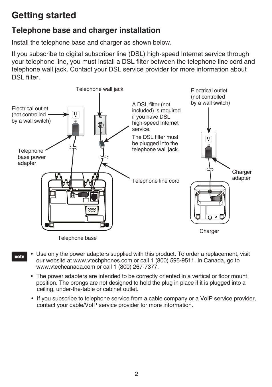 Telephone base and charger installation, Telephone base and charger, Installation | Getting started | VTech CS6519-2 Manual User Manual | Page 6 / 68