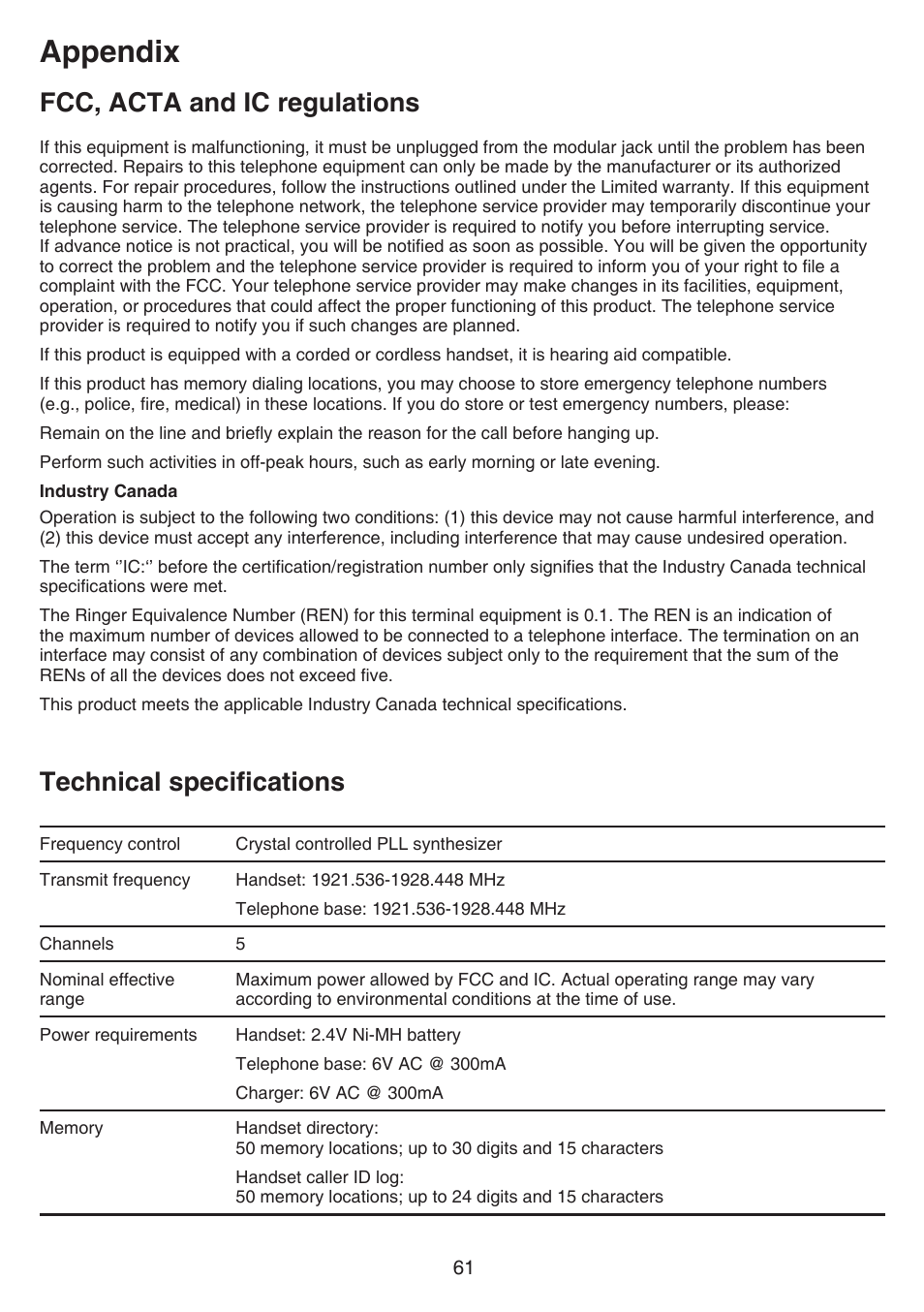 Technical specifications, Fcc, acta and ic regulations, Appendix | VTech CS6519-2 Manual User Manual | Page 65 / 68