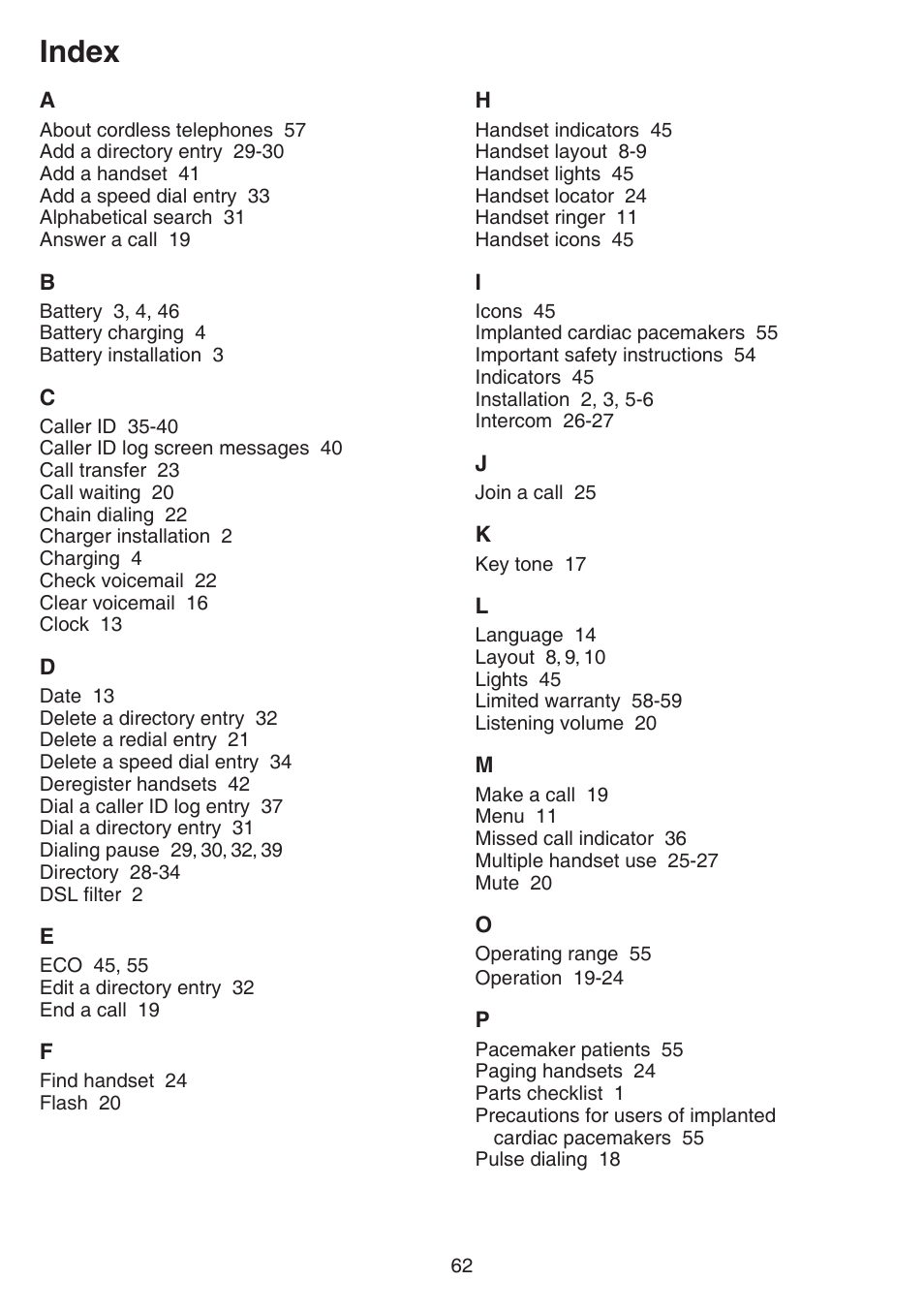 Index | VTech CS6519-2 Manual User Manual | Page 66 / 68