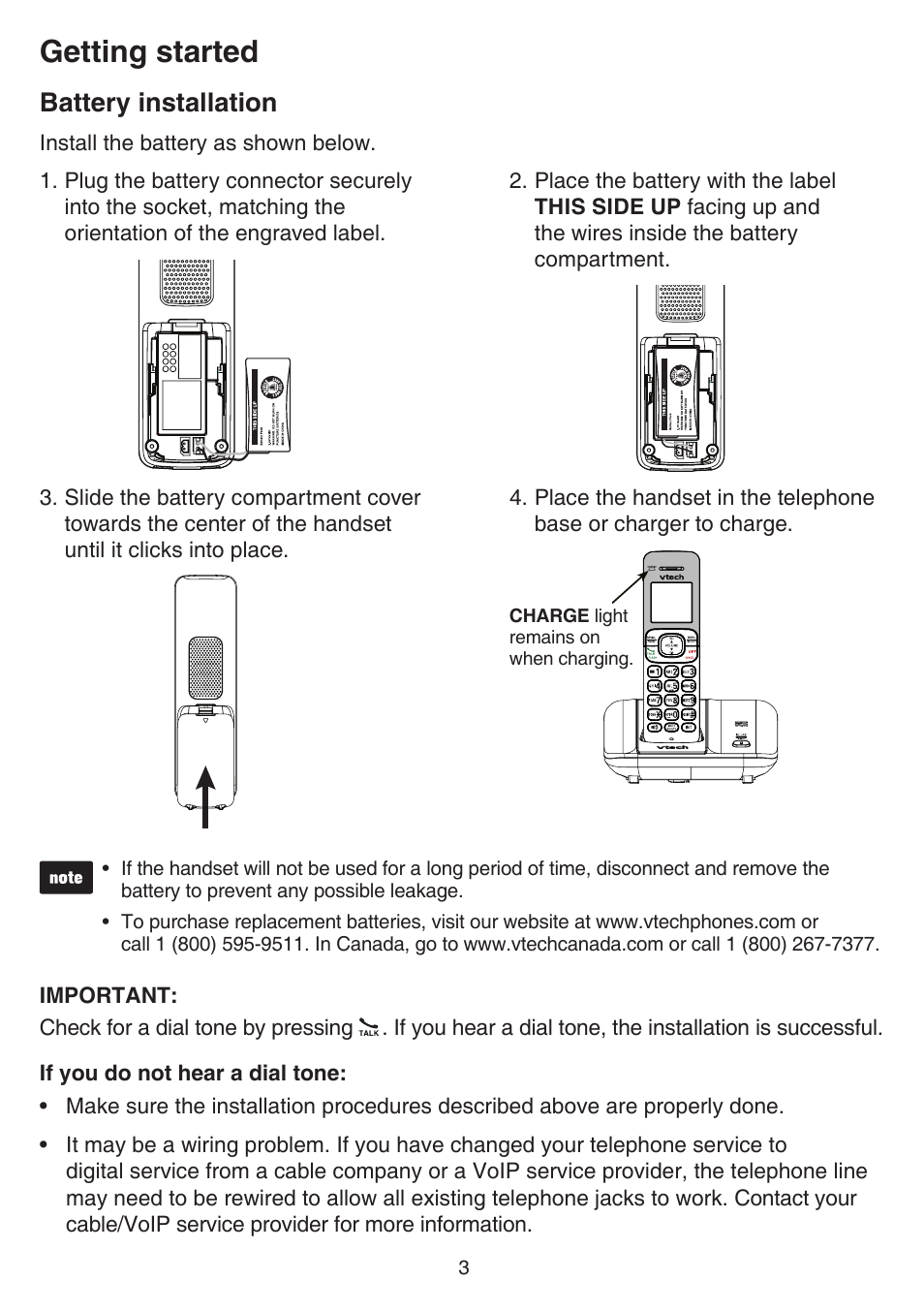 Battery installation, Getting started | VTech CS6519-2 Manual User Manual | Page 7 / 68