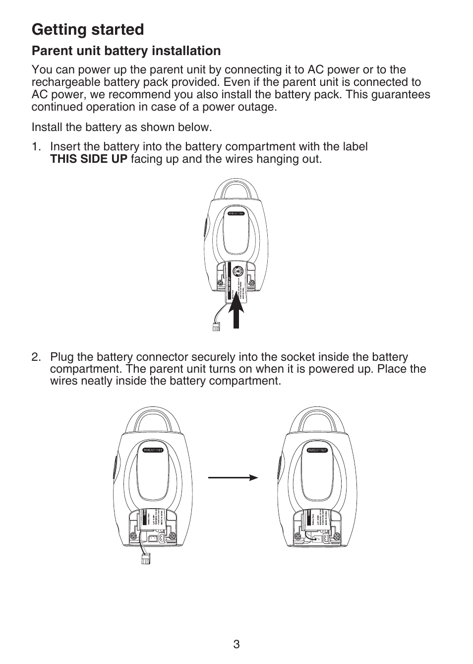 Parent unit battery installation, Getting started | VTech DM221-2 Manual User Manual | Page 10 / 39